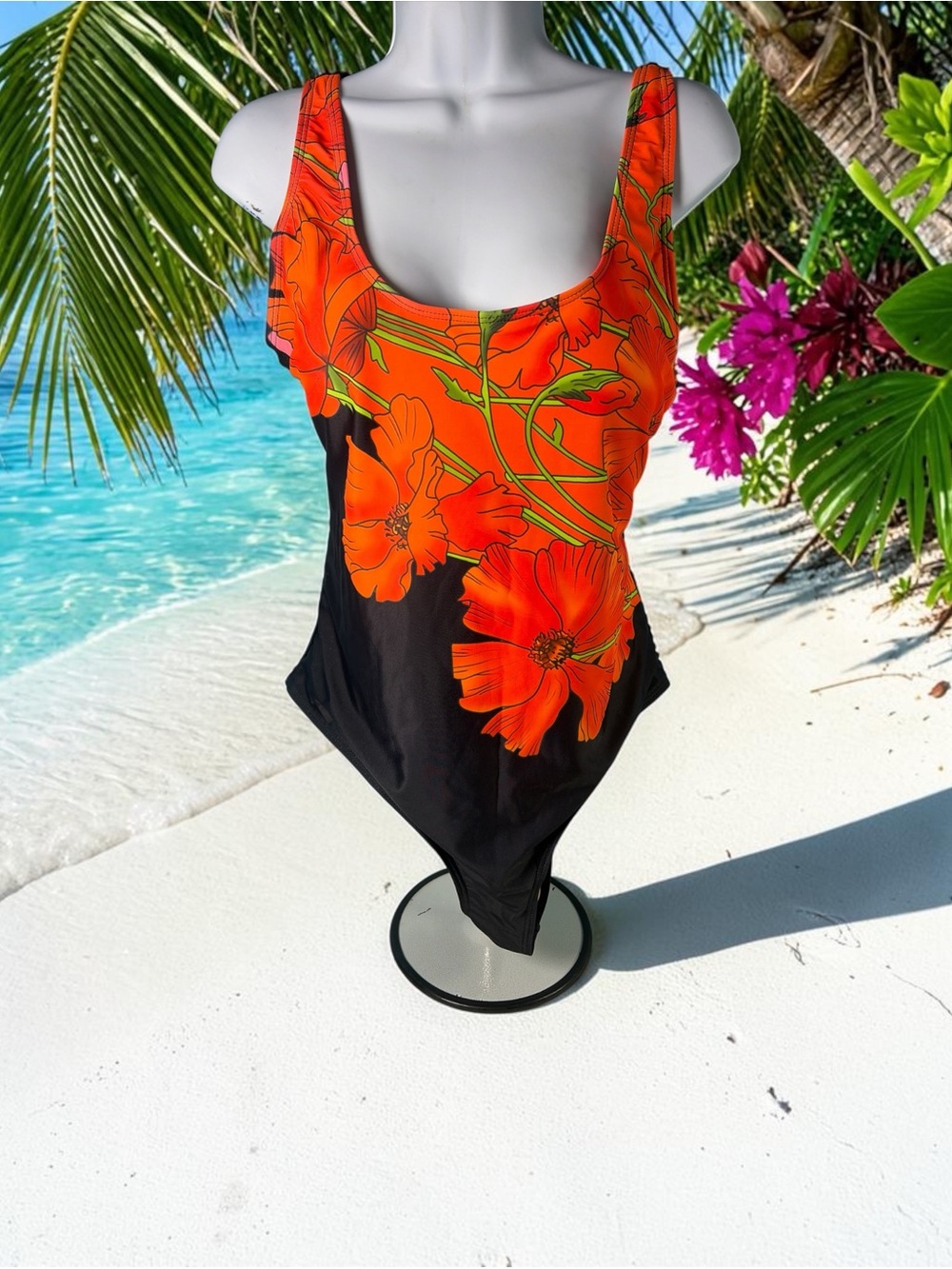 Pearl Women Size XXL one piece swim suit in black with orange floral print NWT